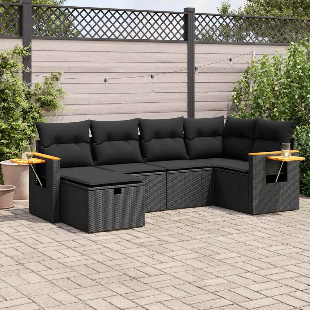 6 Pcs conjunto sofás de jardim c/ almofadões vime PE preto