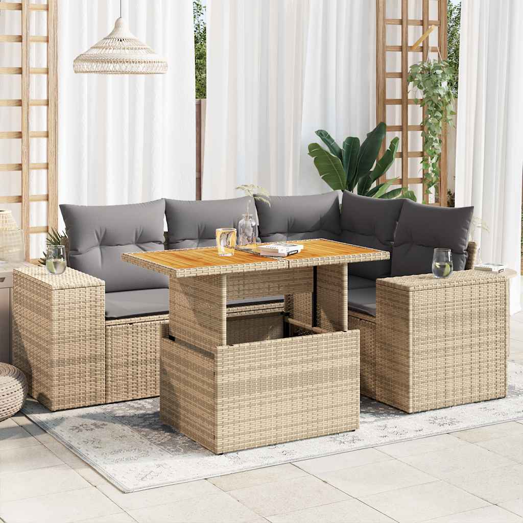 5 Pcs conjunto de sofás p/ jardim com almofadões vime PE bege