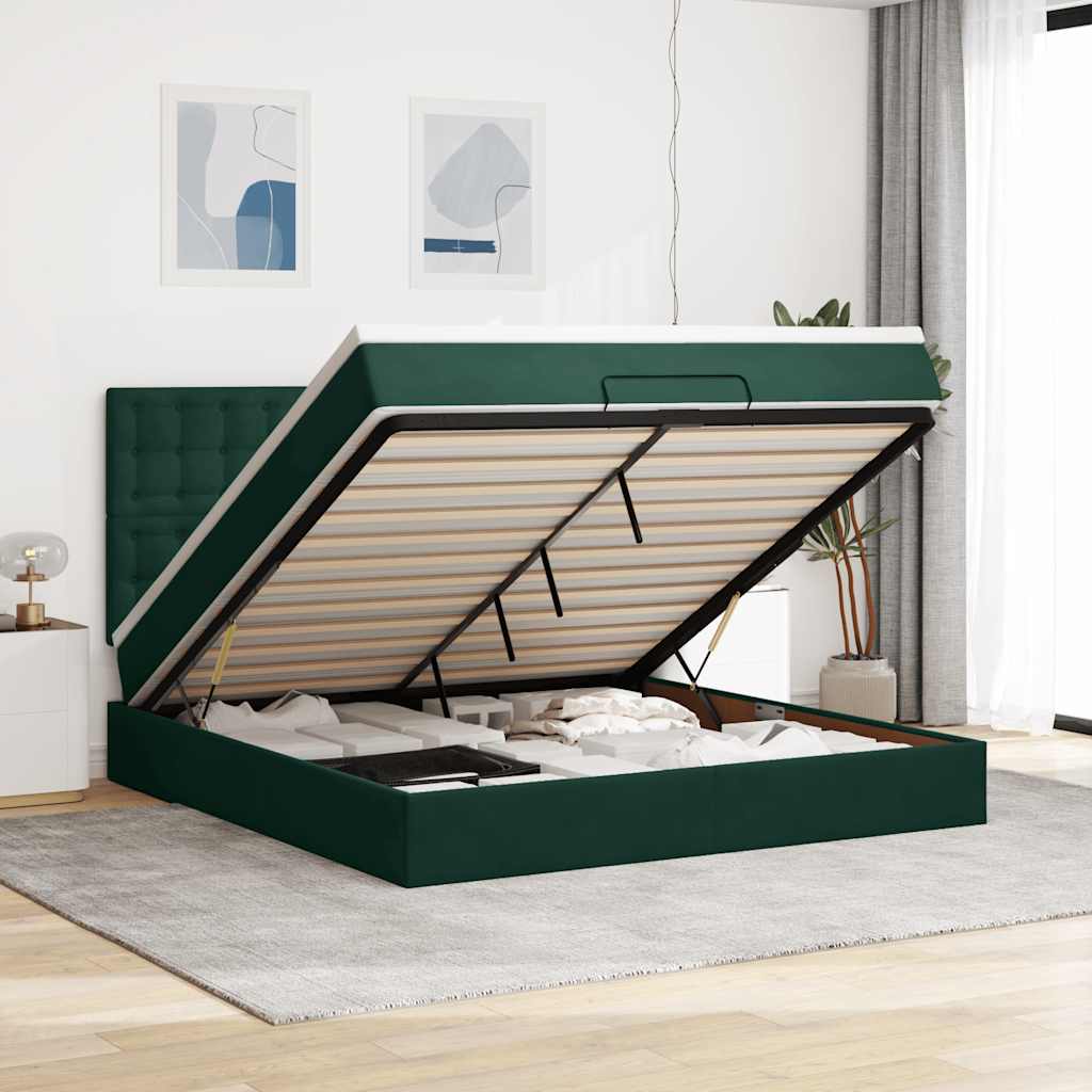 Estrutura de cama otomana com colchão verde escuro veludo