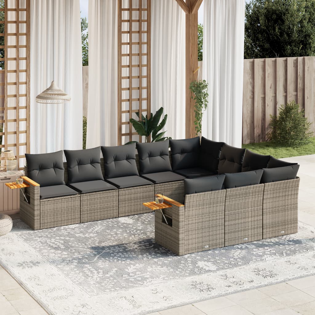 10 Pcs conjunto sofás de jardim c/ almofadões vime PE cinzento
