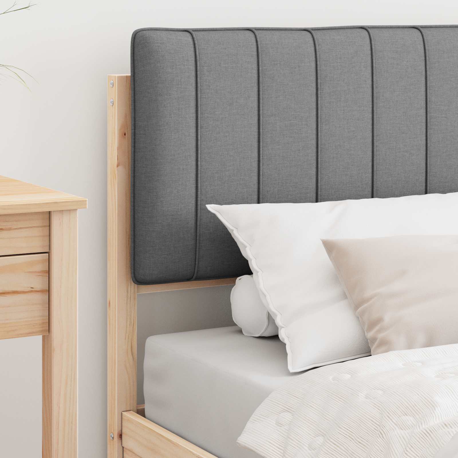 Estrutura de cama com cabeceira estofada cinzento-claro