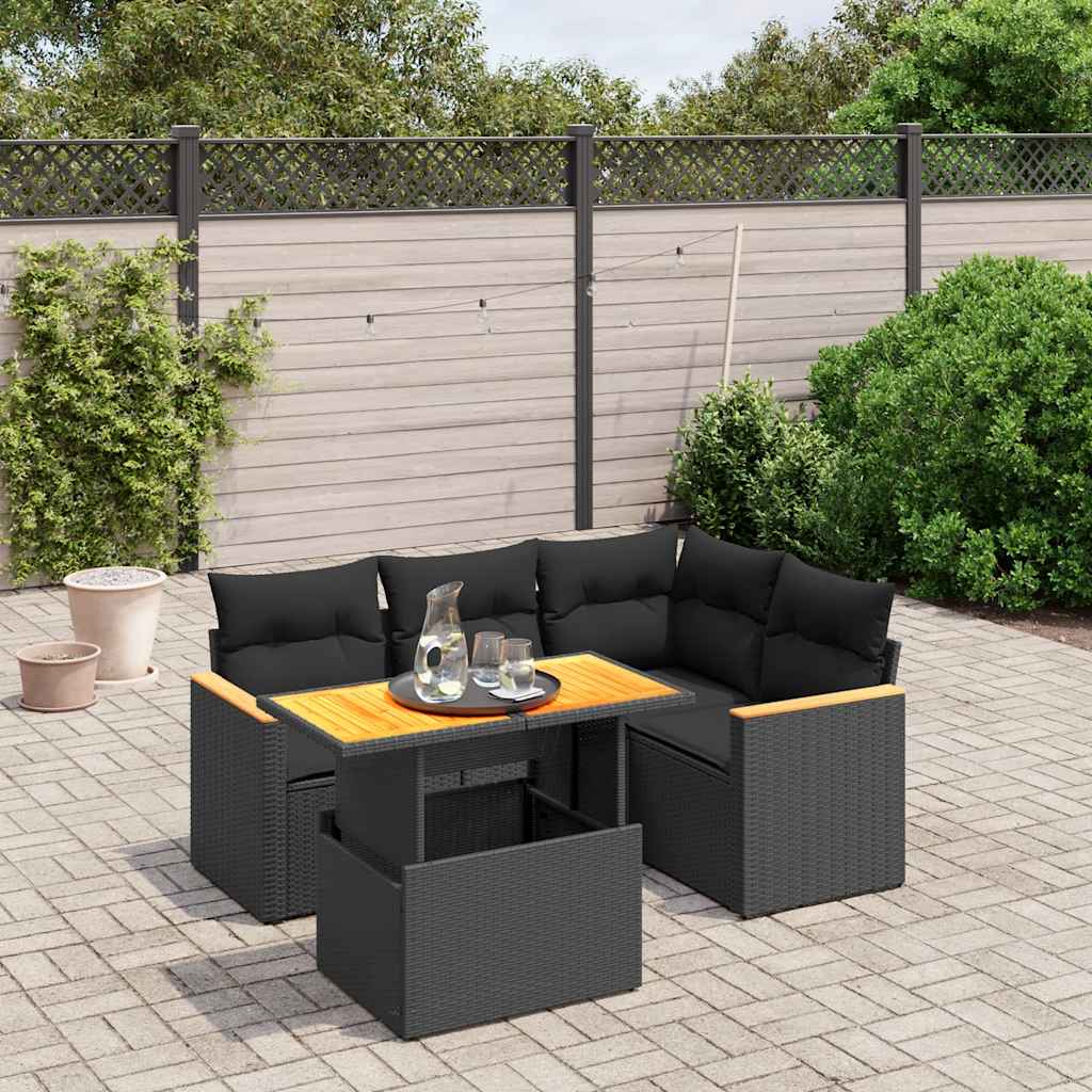 5 Pcs conjunto sofás de jardim com almofadões vime PE preto