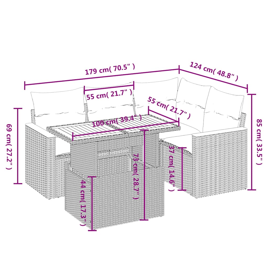 5 Pcs conjunto sofás de jardim com almofadões vime PE preto