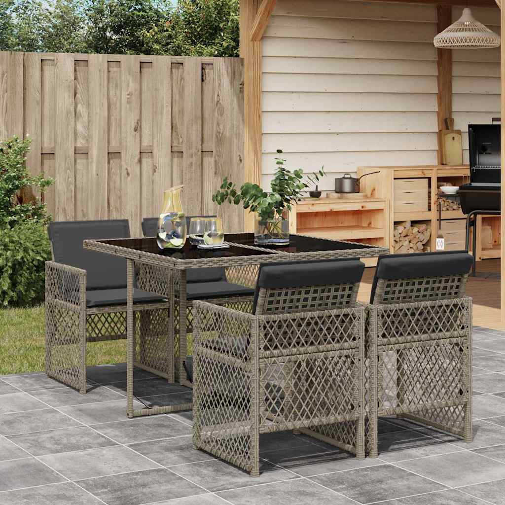 5 Pcs conjunto de jantar p/ jardim c/ almofadões vime PE cinza