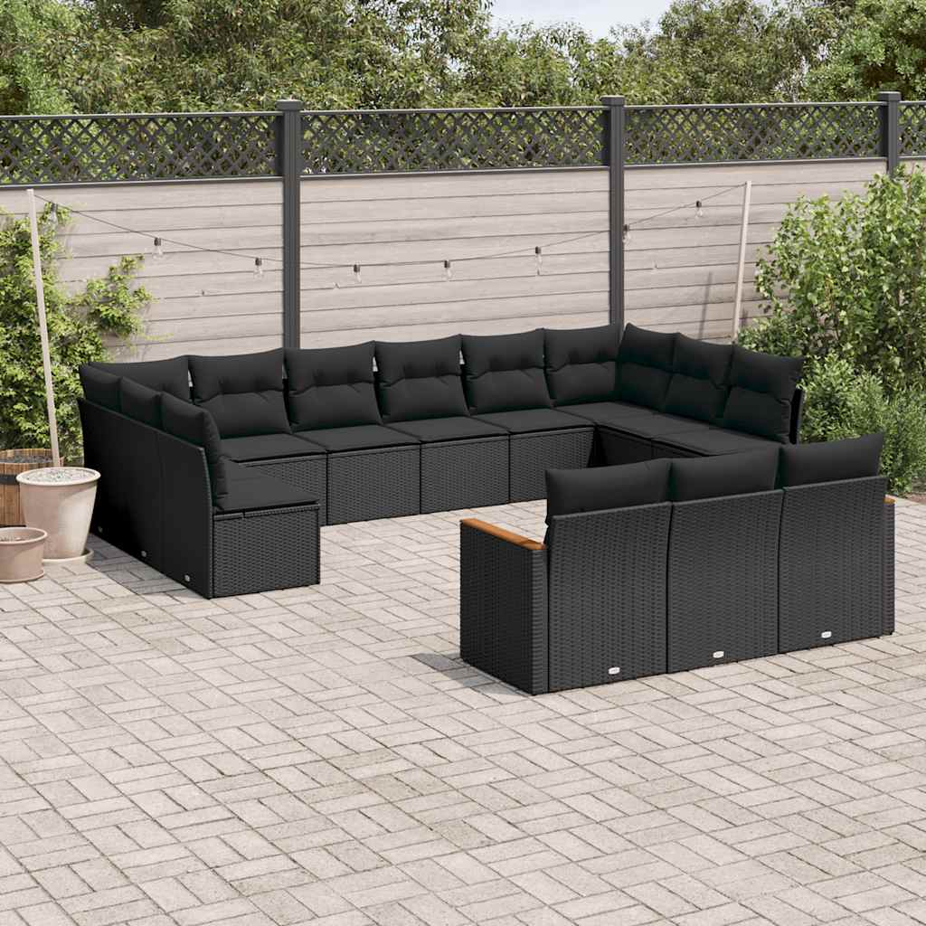 13 Pcs conjunto de sofás de jardim com almofadões vime PE preto