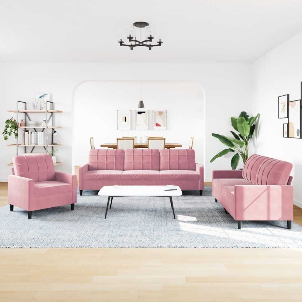 3 Pcs conjunto de sofás com almofadões veludo rosa