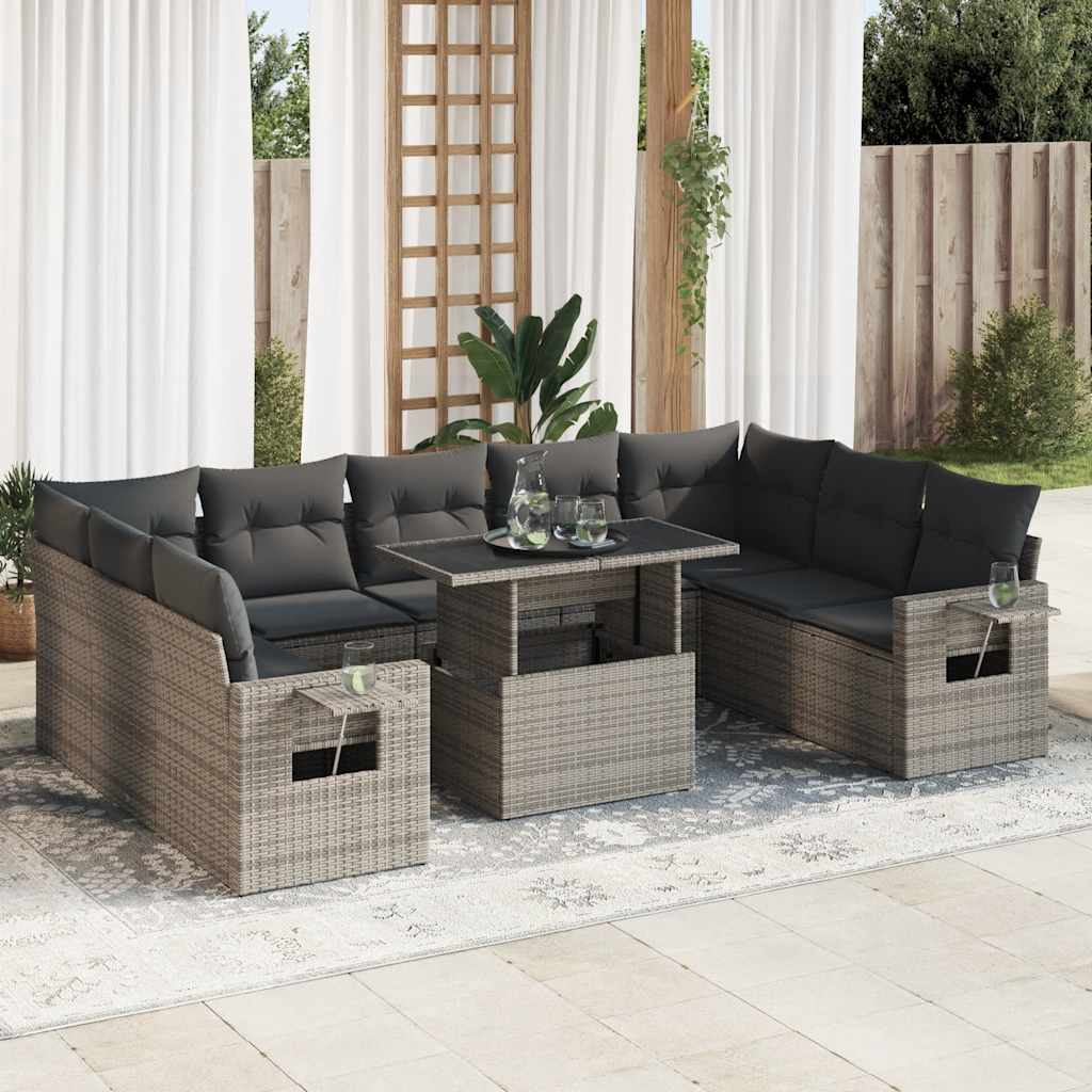 10 Pcs conjunto sofás de jardim c/ almofadões vime PE cinzento