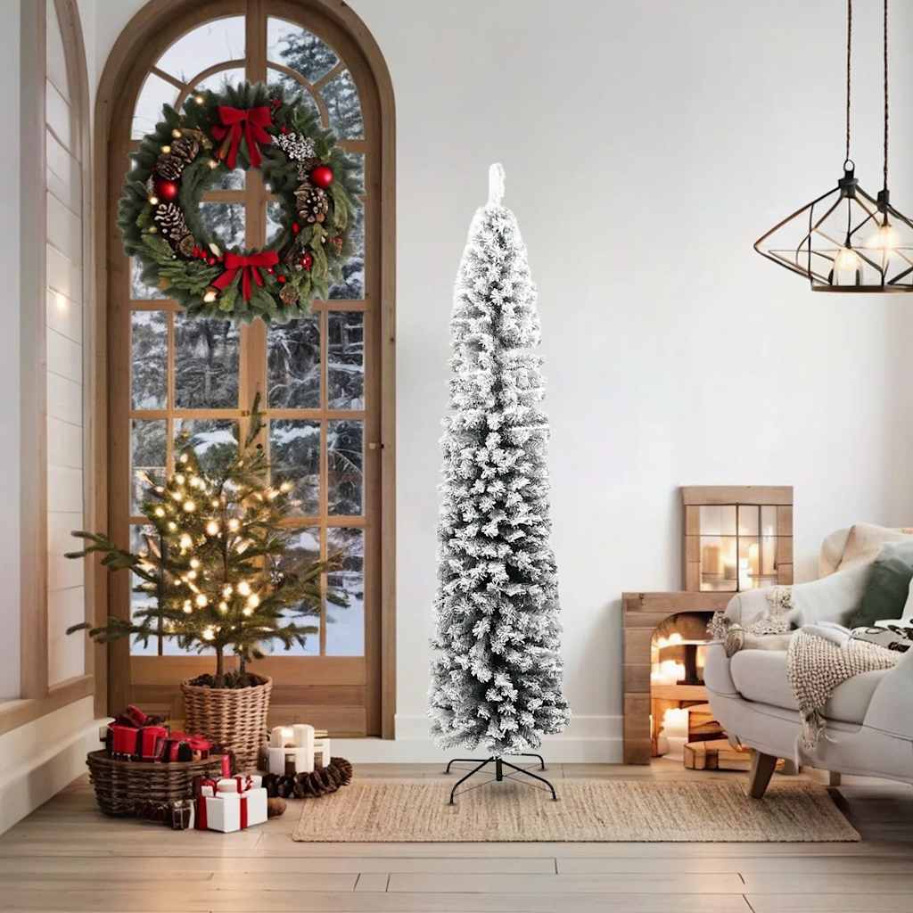 Árvore de natal artificial fina com neve 180 cm PVC verde