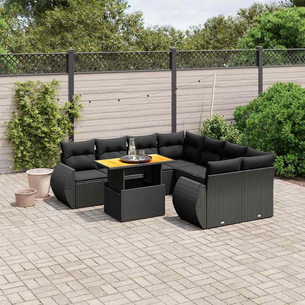 9 Pcs conjunto de sofás p/ jardim c/ almofadões vime PE preto