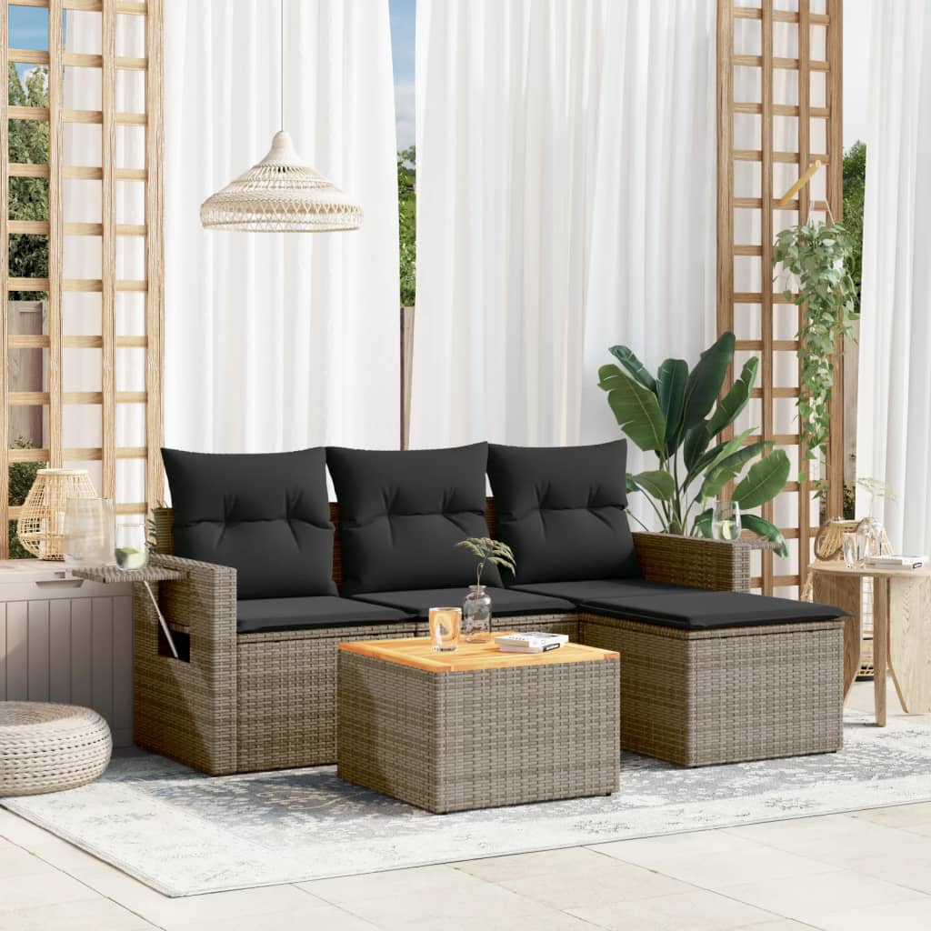 5 Pcs conjunto sofás de jardim c/ almofadões vime PE cinzento