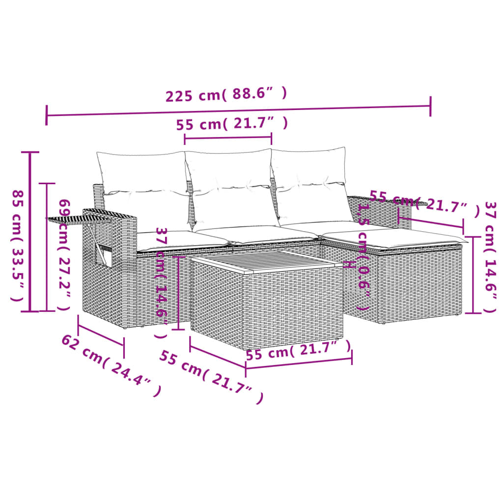 5 Pcs conjunto sofás de jardim c/ almofadões vime PE cinzento