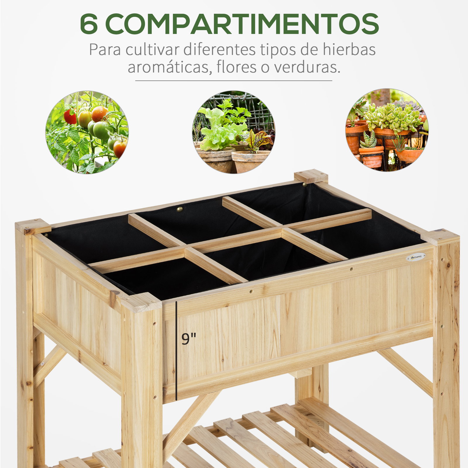 Horta Urbana de Madeira Mesa de Cultivo com 6 Compartimentos e Prateleira Inferior para Plantas e Flores em Jardim Terraço Exter