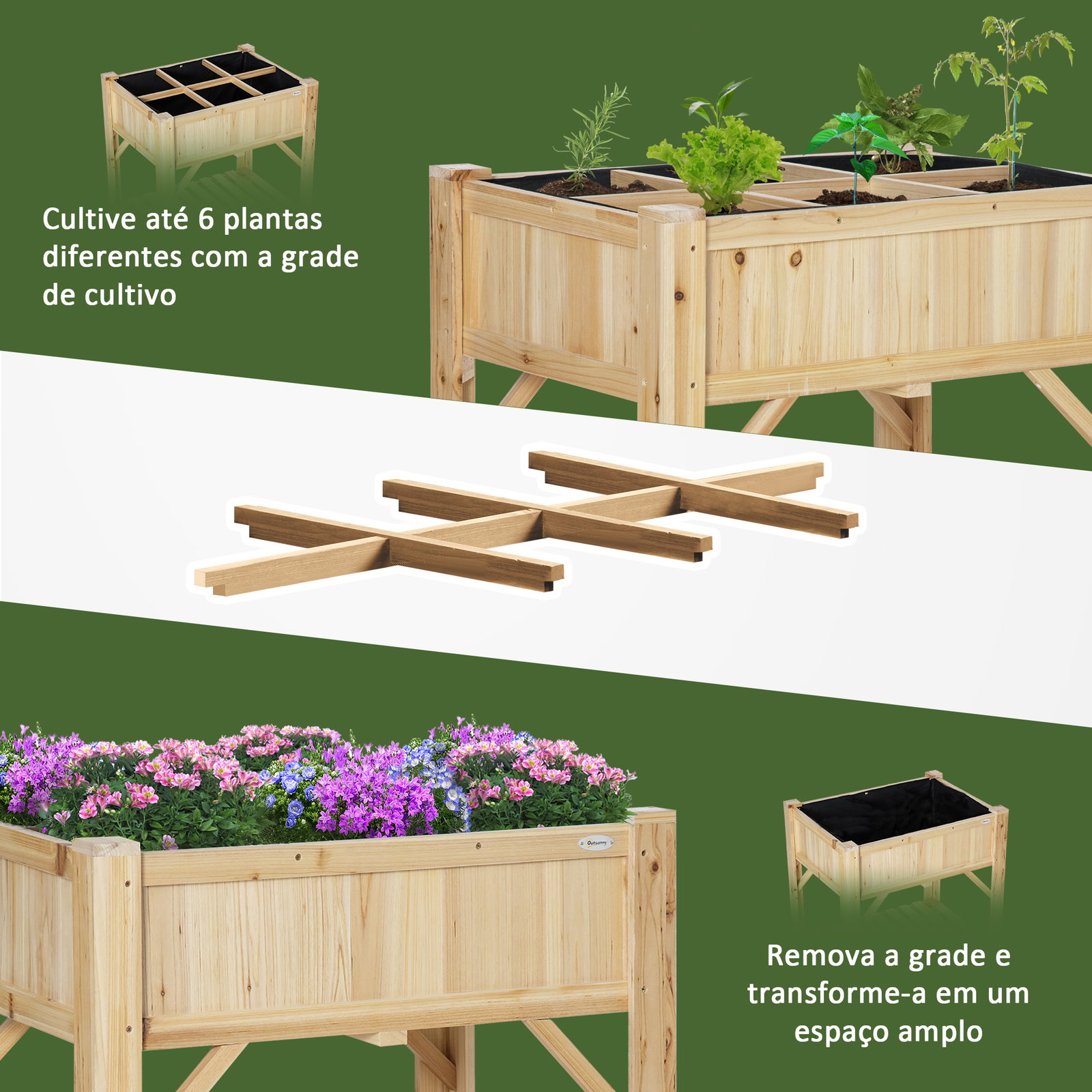 Horta Urbana de Madeira Mesa de Cultivo com 6 Compartimentos e Prateleira Inferior para Plantas e Flores em Jardim Terraço Exter