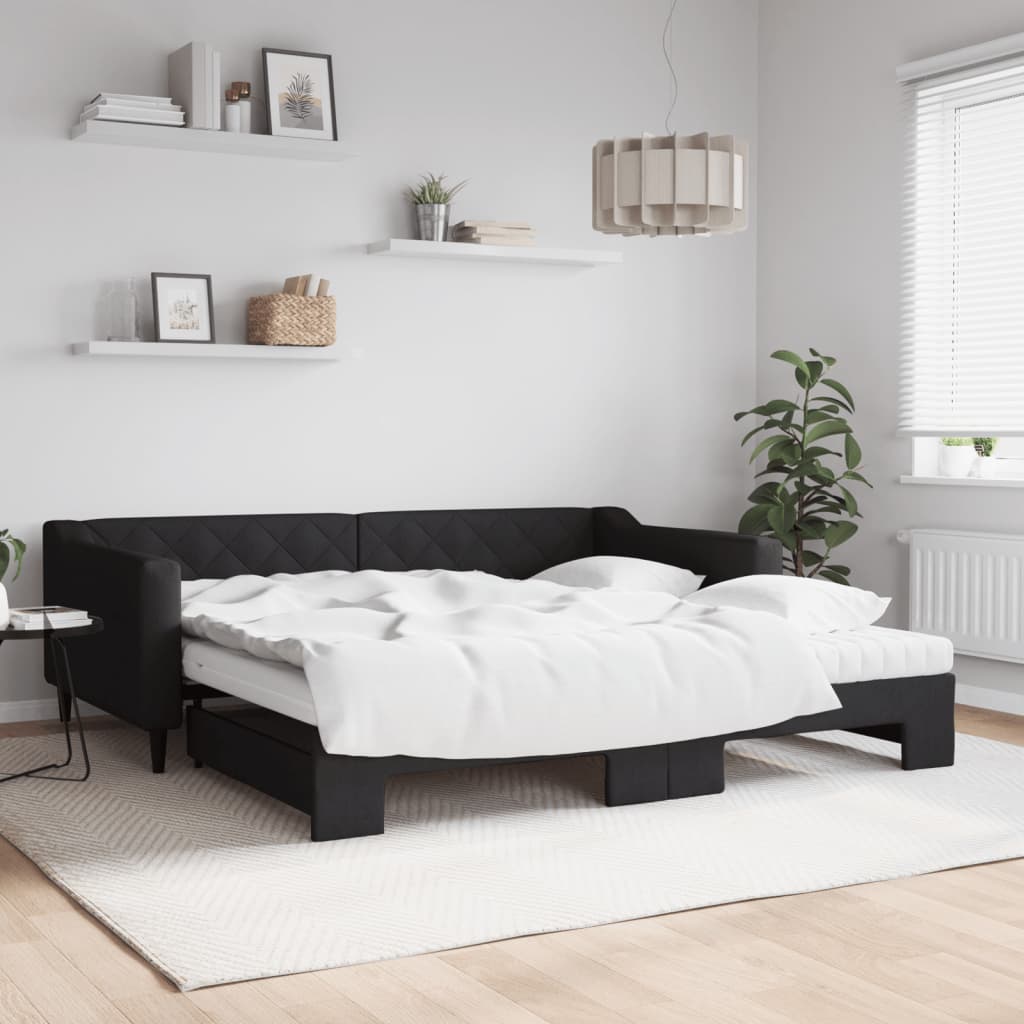 Sofá-cama com gavetão e colchões 100x200 cm tecido preto