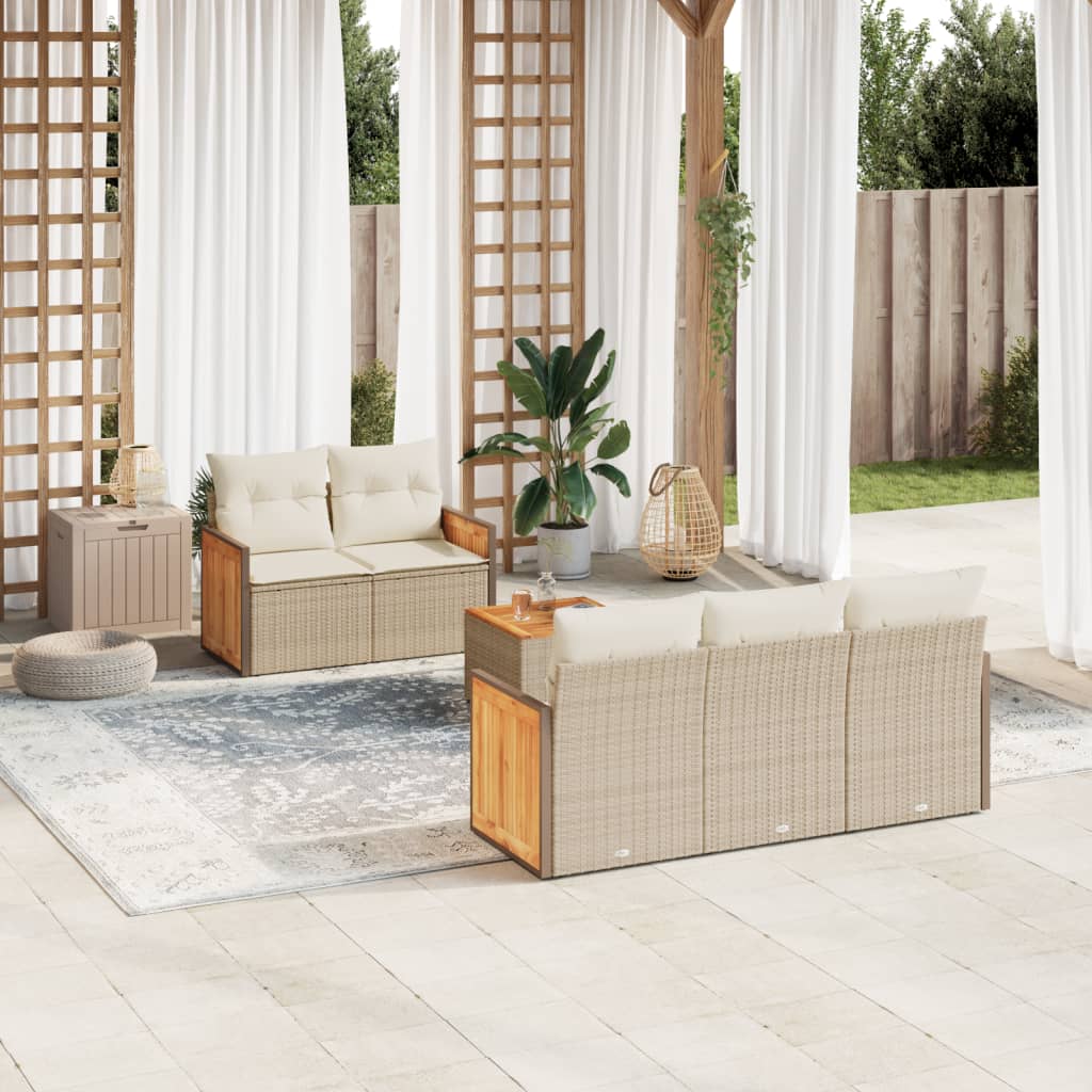 6 Pcs conjunto de sofás p/ jardim com almofadões vime PE bege