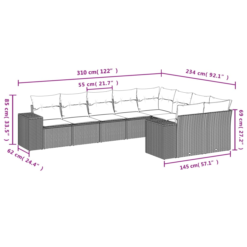 9 Pcs conjunto de sofás p/ jardim c/ almofadões vime PE preto