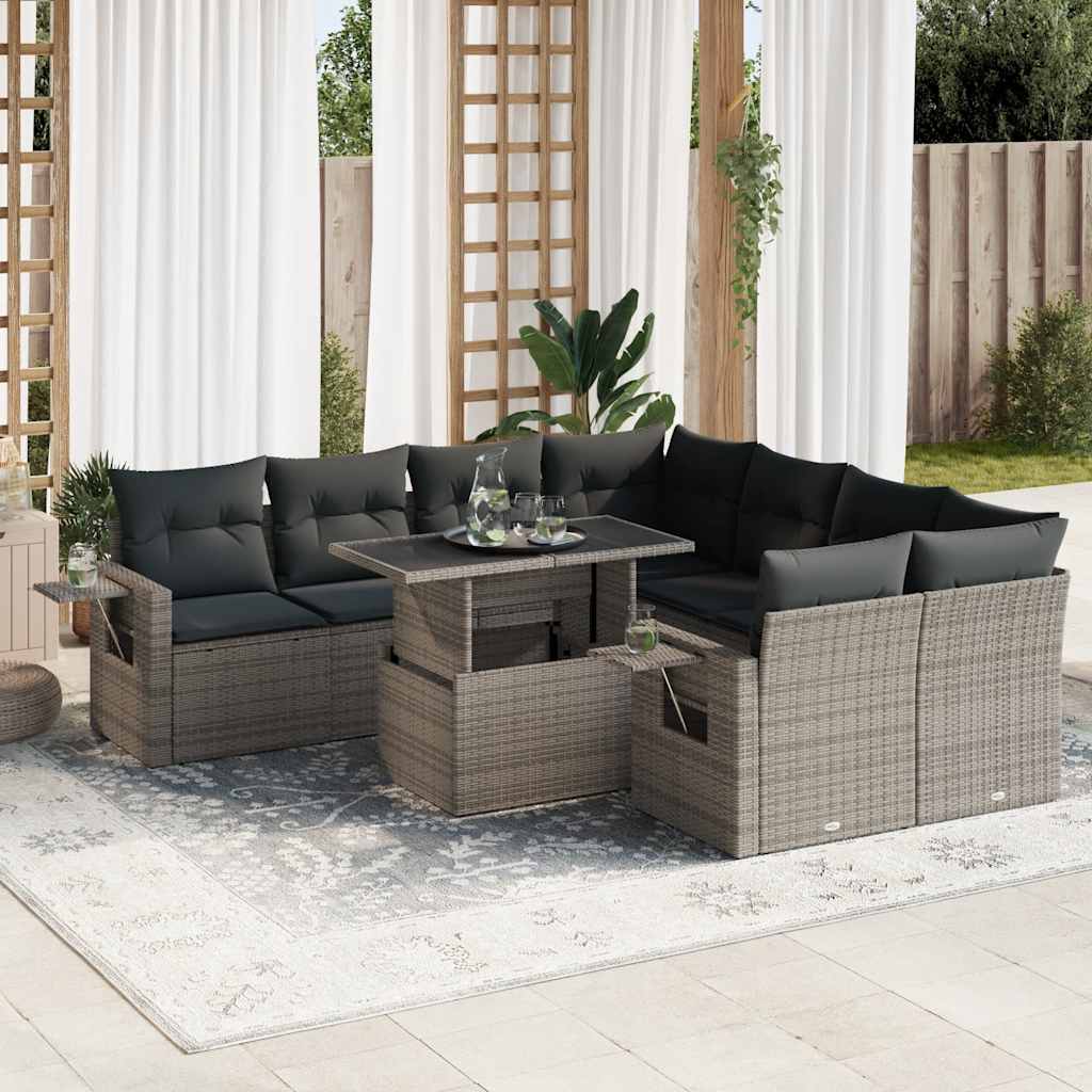 9 Pcs conjunto sofás p/ jardim com almofadões vime PE cinzento