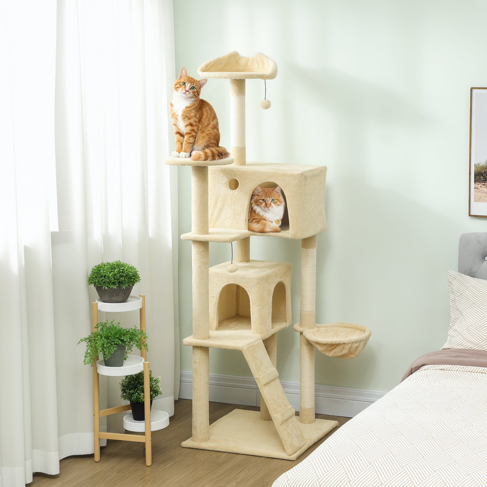 Arranhador para gatos com múltiplas plataformas cama 2 cavernas rede escada postes de sisal 56x56x180 cm bege