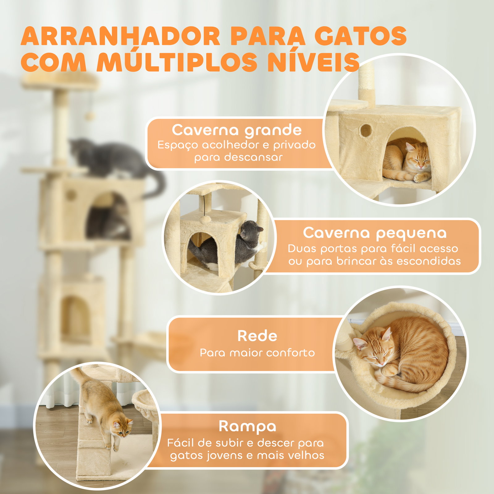 Arranhador para gatos com múltiplas plataformas cama 2 cavernas rede escada postes de sisal 56x56x180 cm bege