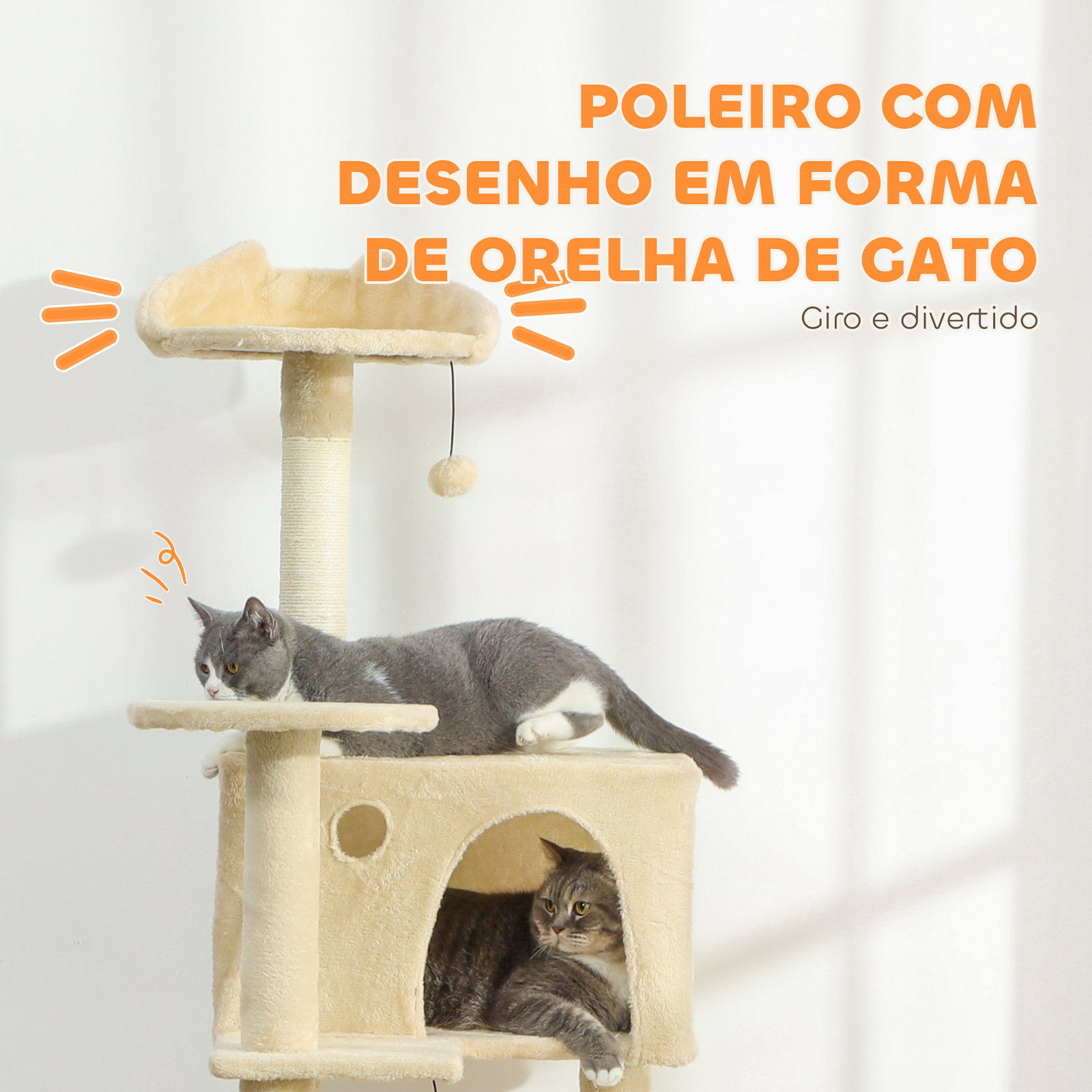 Arranhador para gatos com múltiplas plataformas cama 2 cavernas rede escada postes de sisal 56x56x180 cm bege