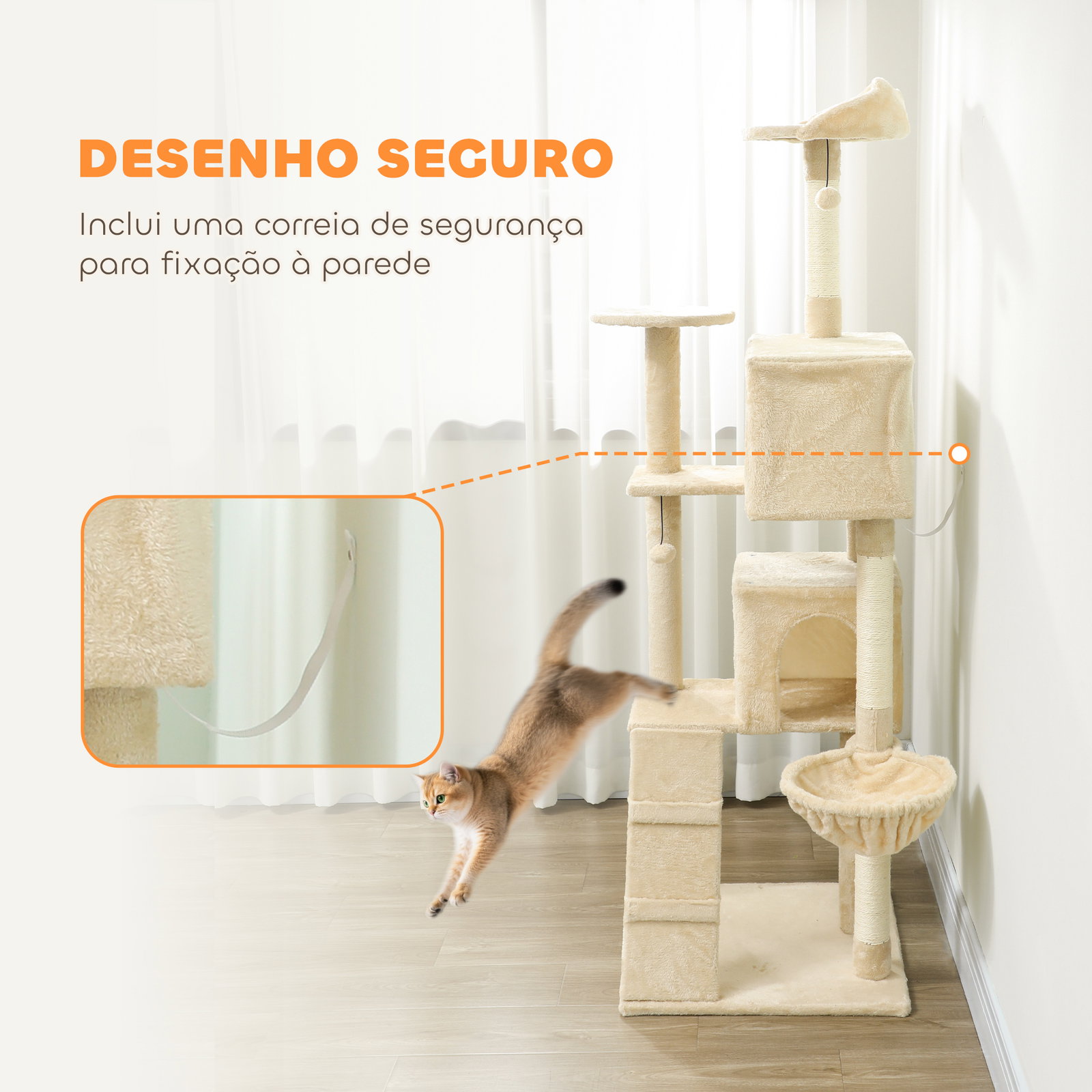 Arranhador para gatos com múltiplas plataformas cama 2 cavernas rede escada postes de sisal 56x56x180 cm bege
