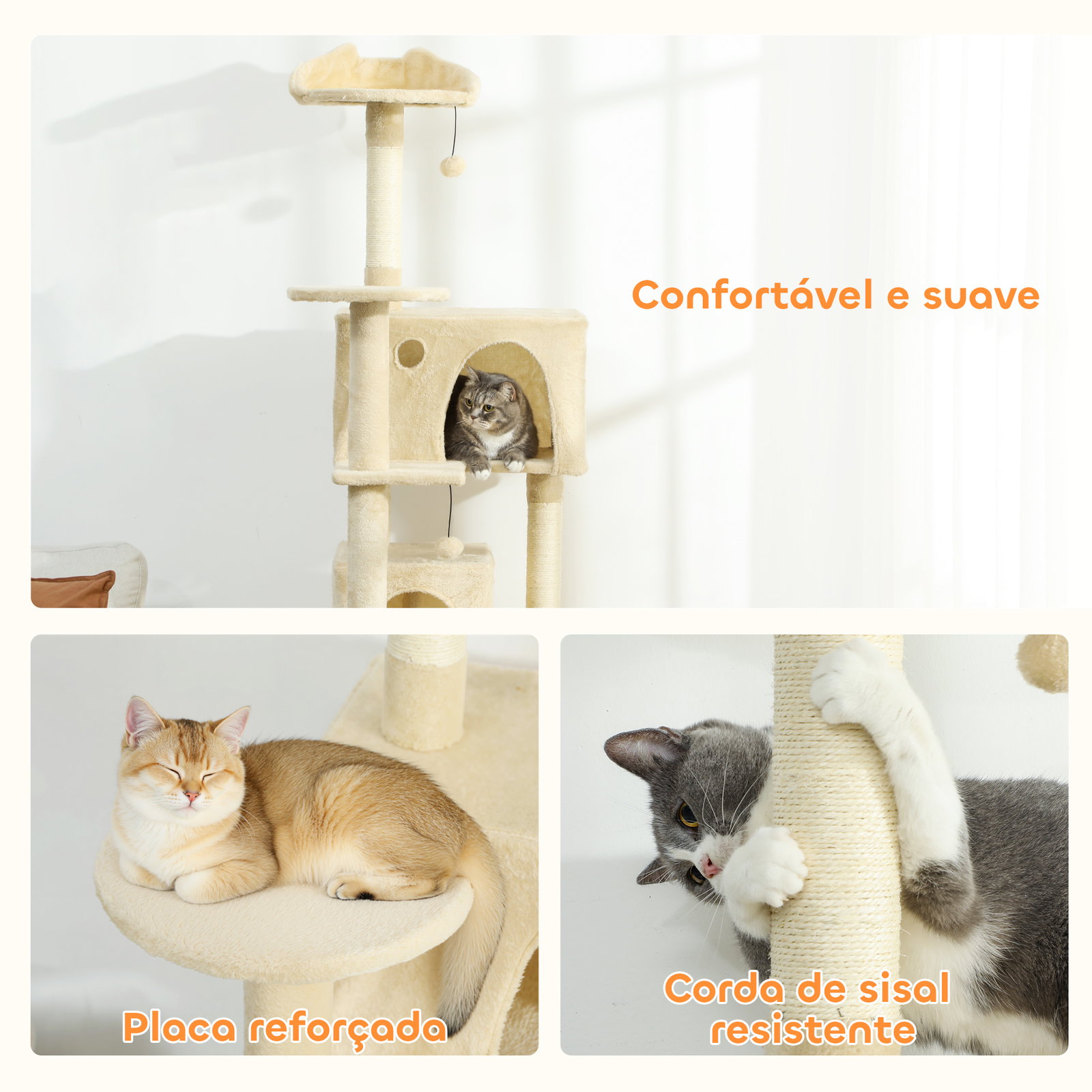 Arranhador para gatos com múltiplas plataformas cama 2 cavernas rede escada postes de sisal 56x56x180 cm bege