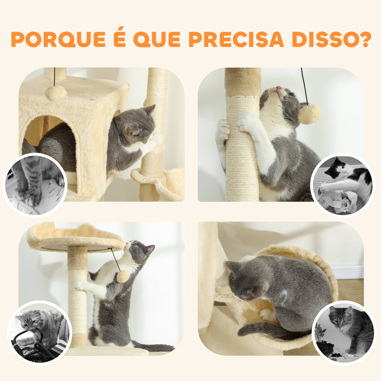 Arranhador para gatos com múltiplas plataformas cama 2 cavernas rede escada postes de sisal 56x56x180 cm bege