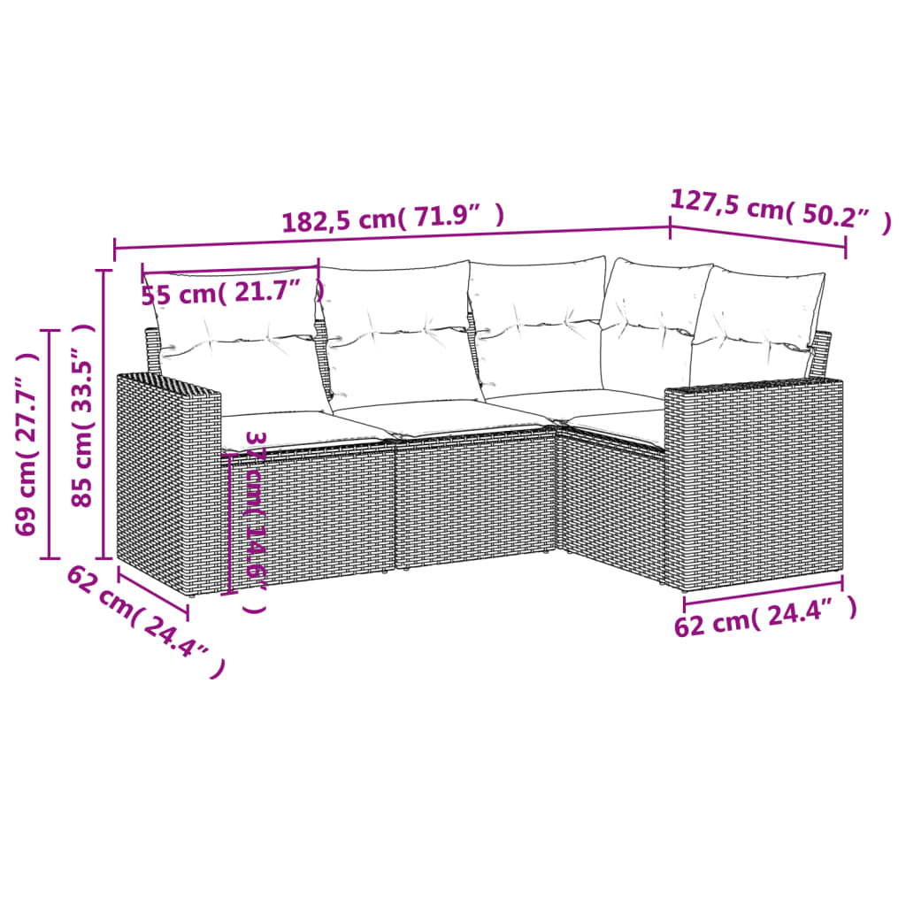4 Pcs conjunto de sofás para jardim c/ almofadões vime PE preto