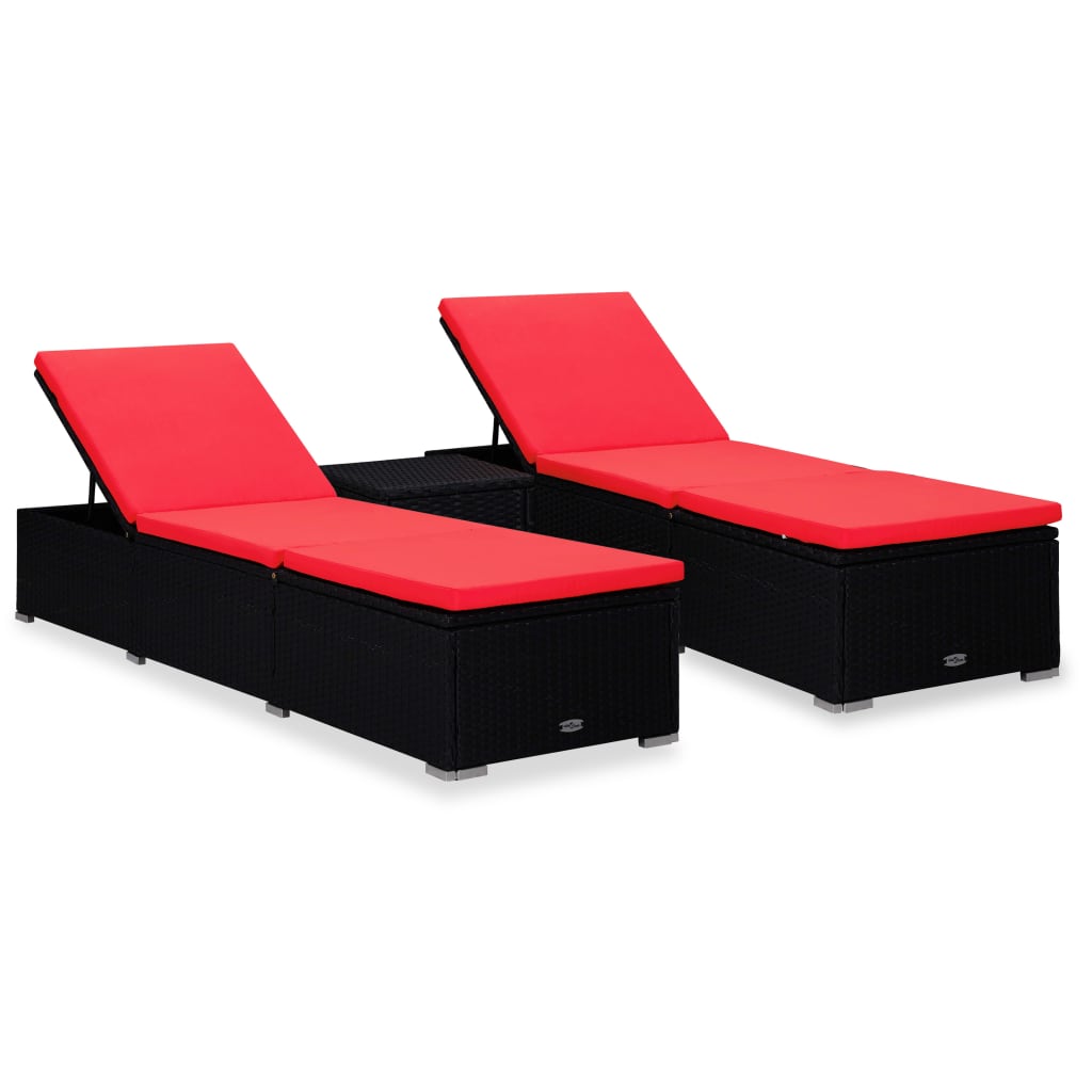 3 Pcs espreguiçadeiras jardim c/ mesa de centro vime PE preto