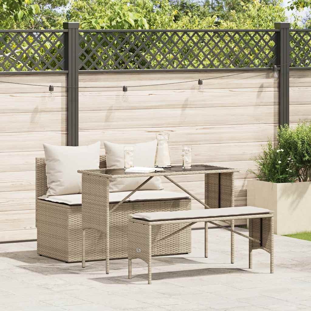 3 Pcs conjunto de jantar p/ jardim com almofadões vime PE bege