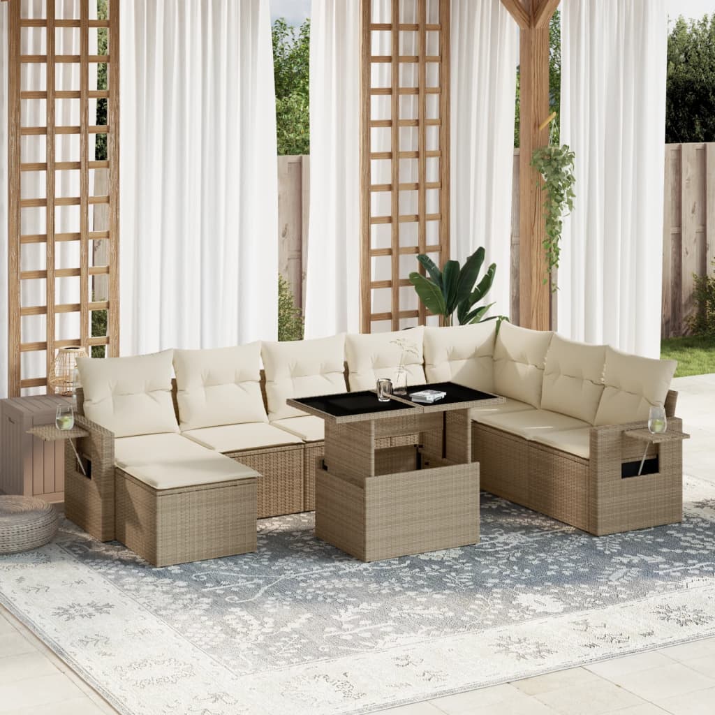9 Pcs conjunto de sofás p/ jardim com almofadões vime PE bege