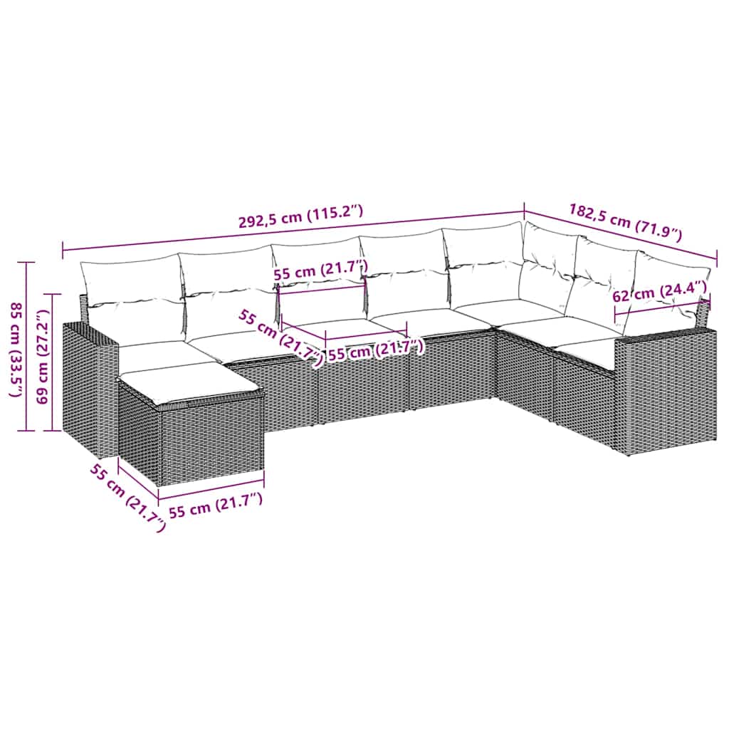 8 Pcs conjunto sofás de jardim c/ almofadões vime PE castanho