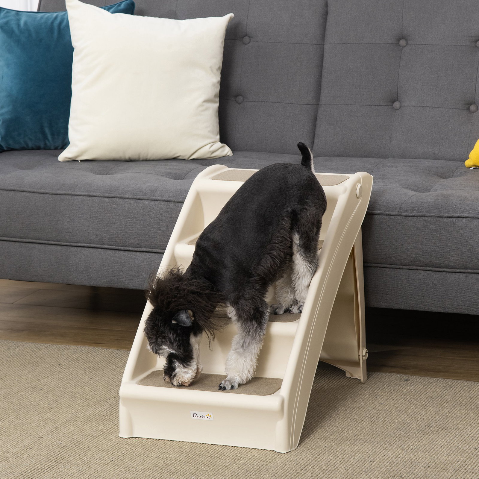 Escada dobrável para animais de estimação de 4 degraus para cães gatos portátil com tapetes antiderrapantes para cama sofá carga 20kg 67x38x49,5cm bege