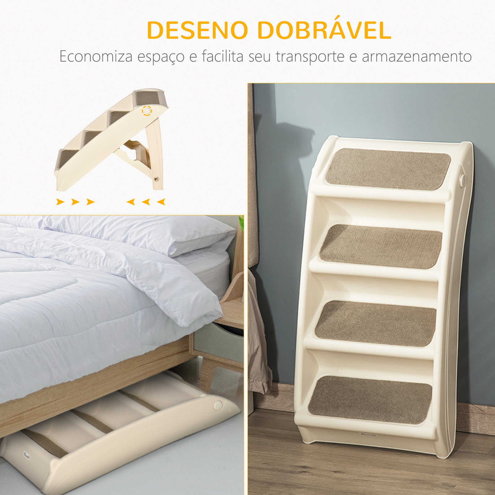 Escada dobrável para animais de estimação de 4 degraus para cães gatos portátil com tapetes antiderrapantes para cama sofá carga 20kg 67x38x49,5cm bege