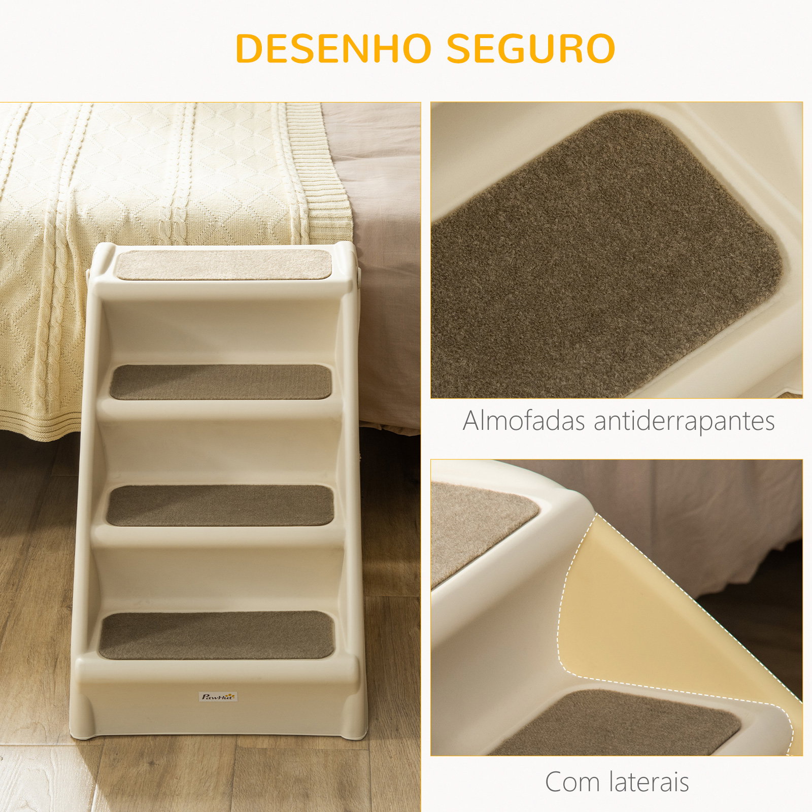 Escada dobrável para animais de estimação de 4 degraus para cães gatos portátil com tapetes antiderrapantes para cama sofá carga 20kg 67x38x49,5cm bege