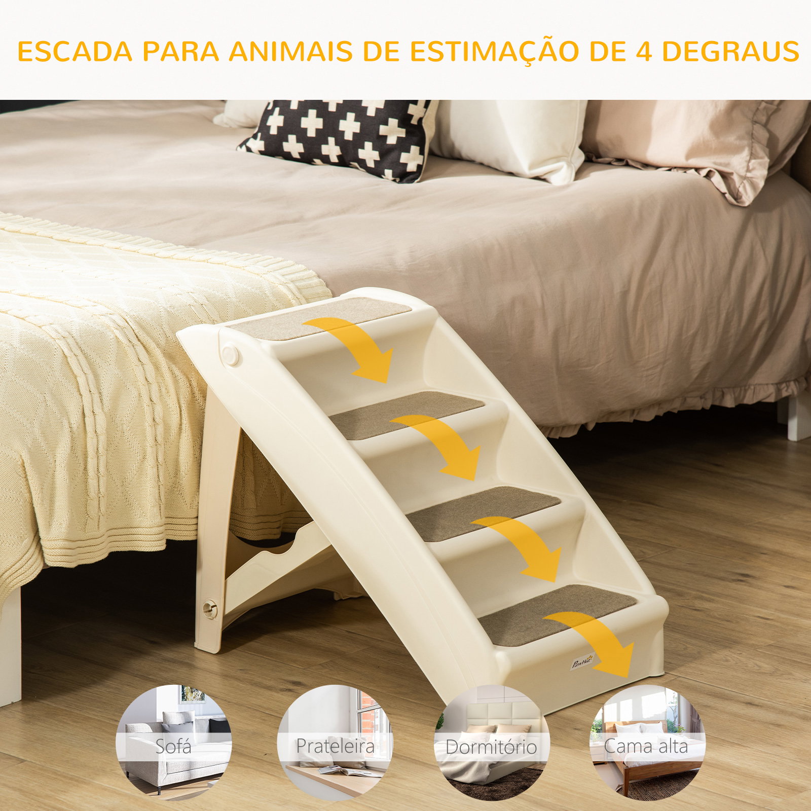 Escada dobrável para animais de estimação de 4 degraus para cães gatos portátil com tapetes antiderrapantes para cama sofá carga 20kg 67x38x49,5cm bege