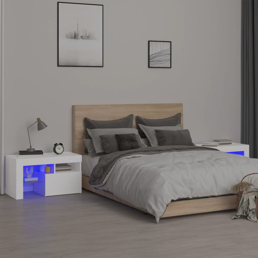 Mesas cabeceira c/ leds 2 pcs 70x36,5x40 cm branco