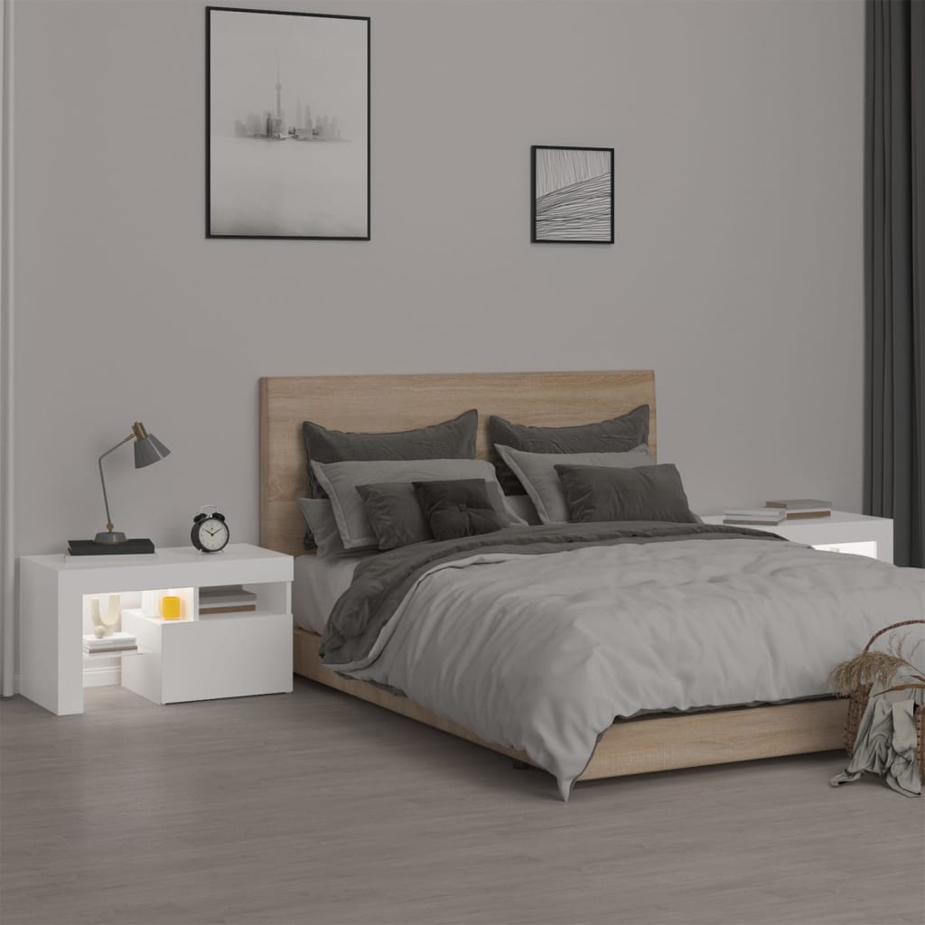 Mesas cabeceira c/ leds 2 pcs 70x36,5x40 cm branco