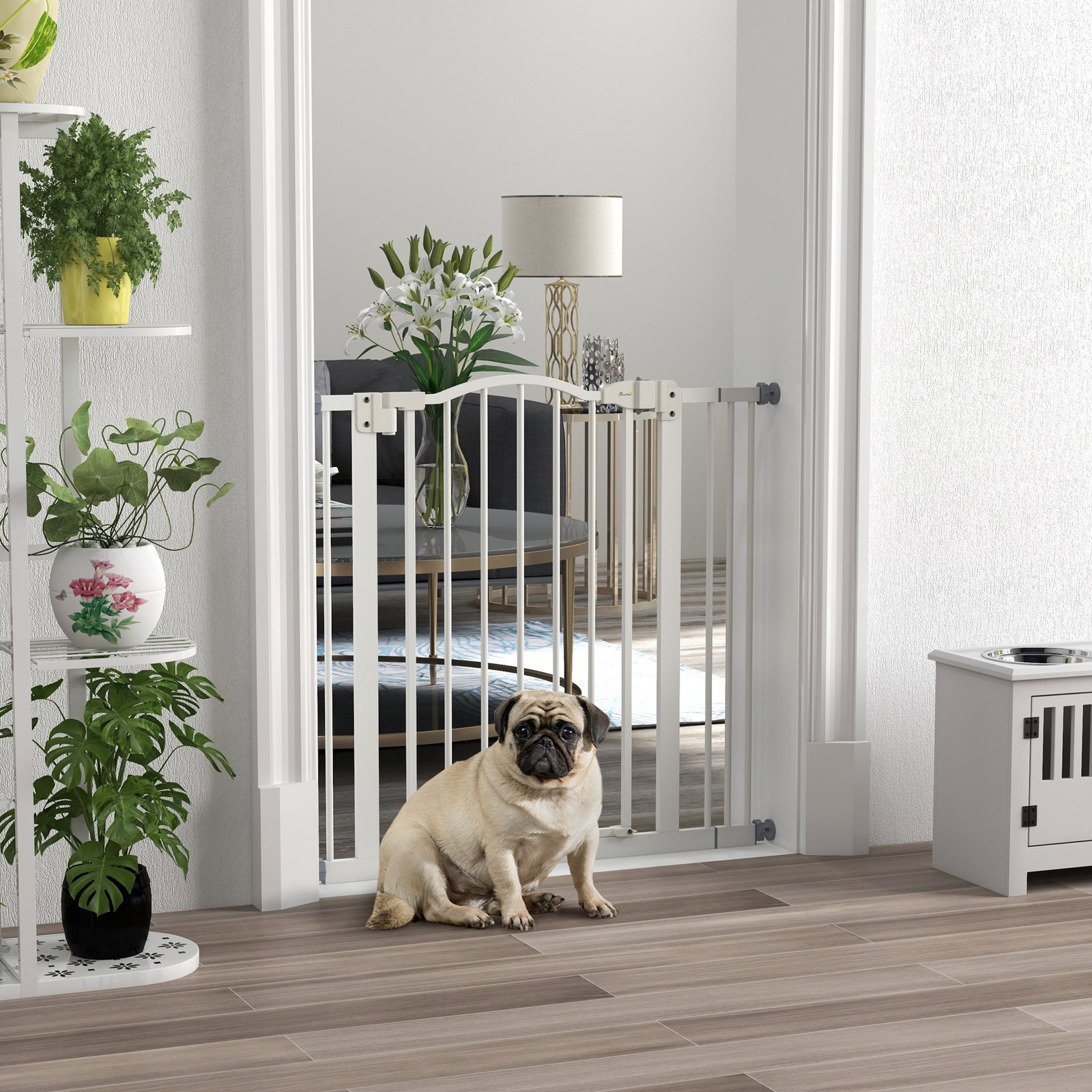 Barreira de segurança para cães com largura ajustável 74-87 cm e extensões para escadas e portas branco