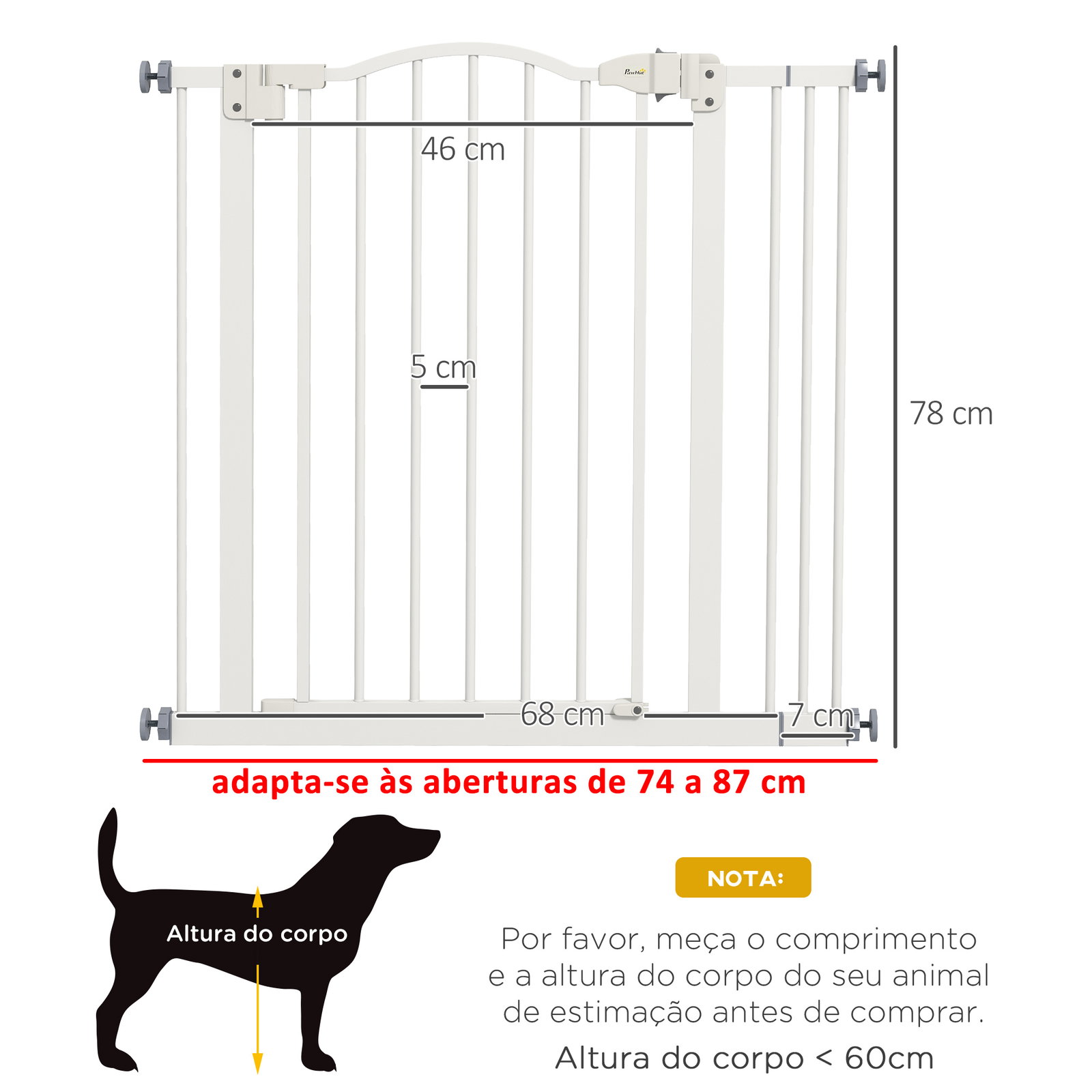 Barreira de segurança para cães com largura ajustável 74-87 cm e extensões para escadas e portas branco