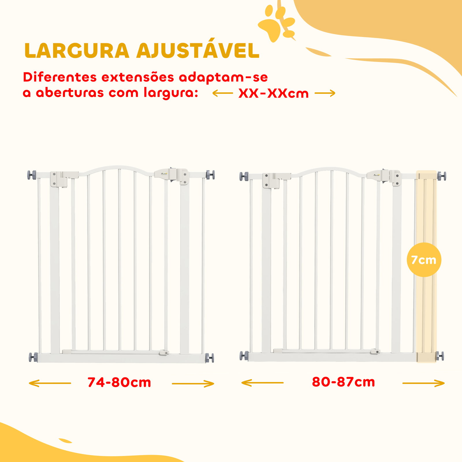 Barreira de segurança para cães com largura ajustável 74-87 cm e extensões para escadas e portas branco