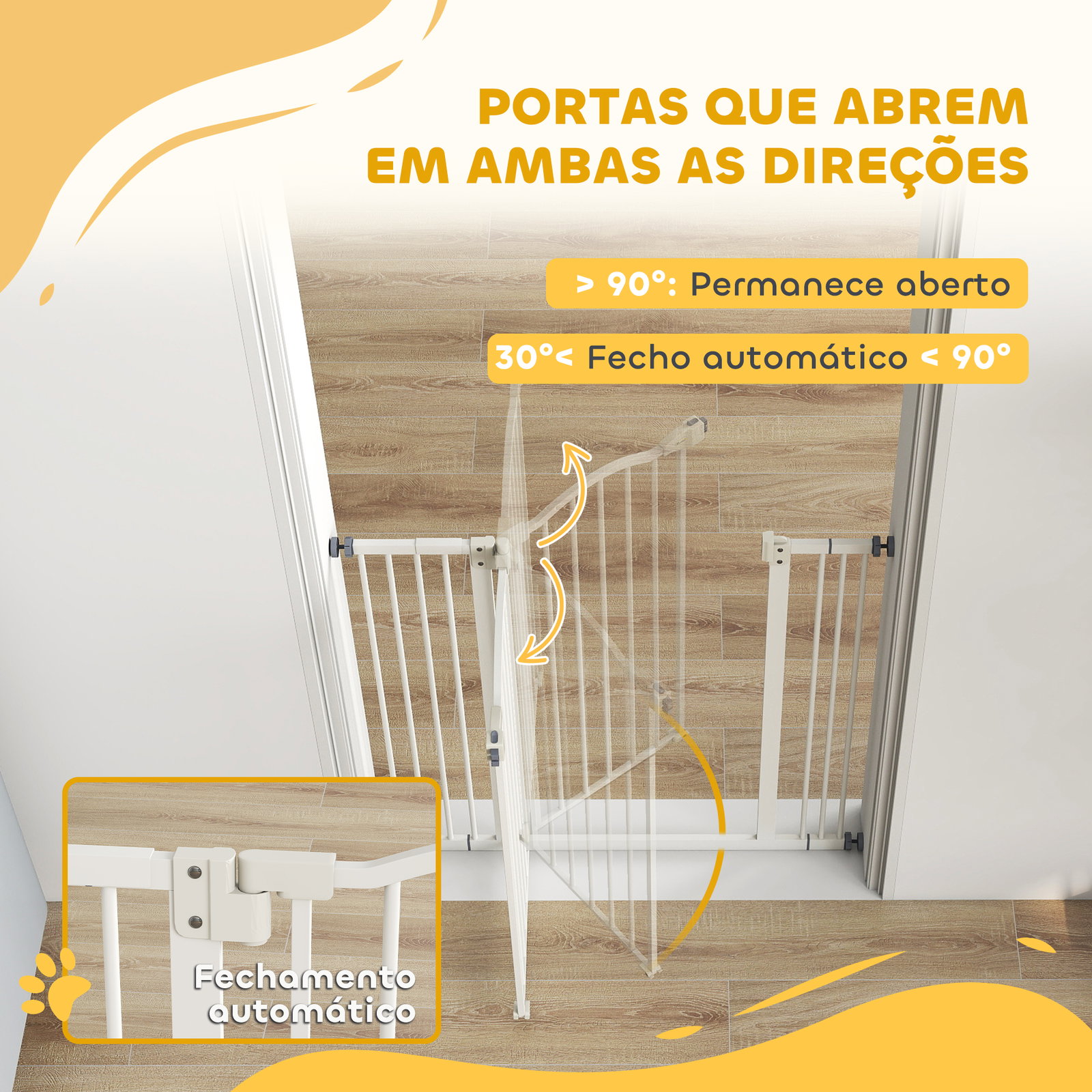 Barreira de segurança para cães com largura ajustável 74-87 cm e extensões para escadas e portas branco