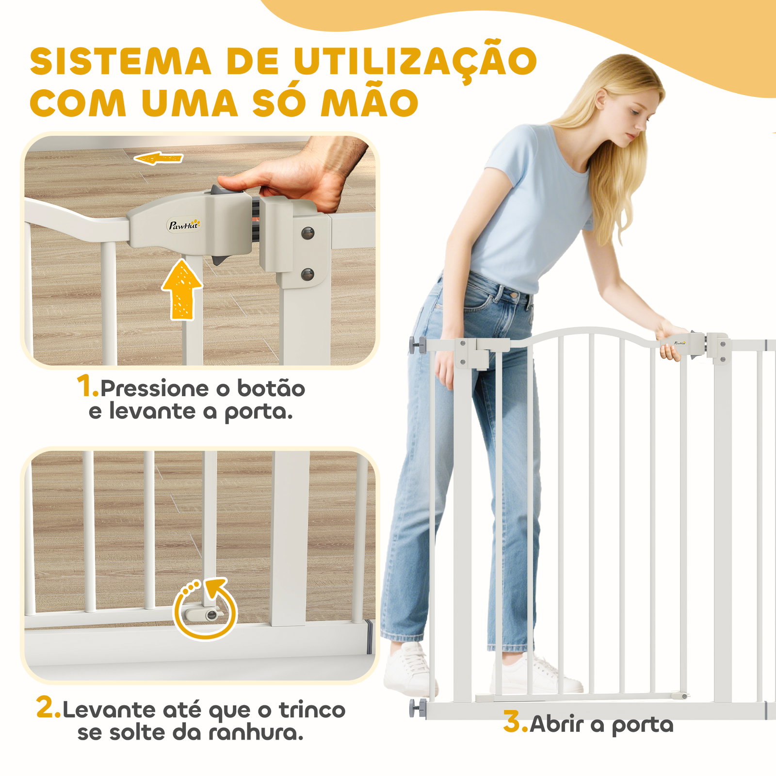Barreira de segurança para cães com largura ajustável 74-87 cm e extensões para escadas e portas branco