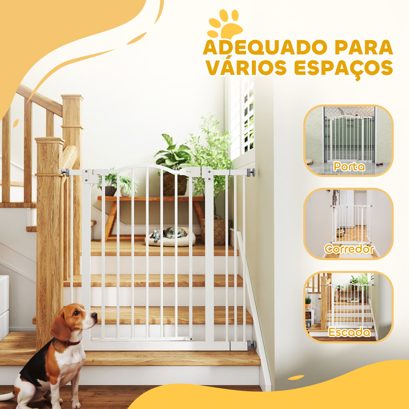 Barreira de segurança para cães com largura ajustável 74-87 cm e extensões para escadas e portas branco