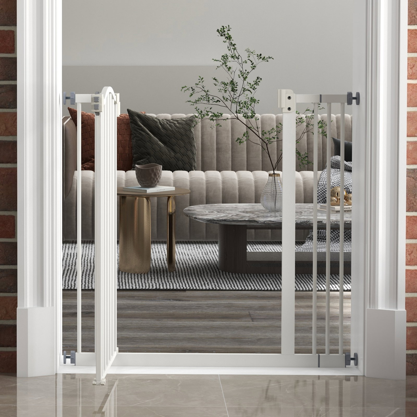 Barreira de segurança para cães com largura ajustável 74-87 cm e extensões para escadas e portas branco