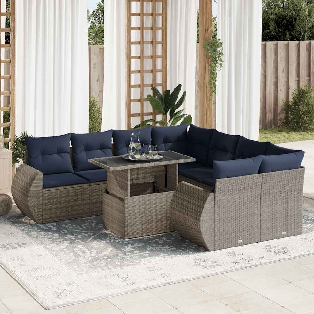 9 Pcs conjunto sofás jardim almofadões vime PE/acácia cinzento