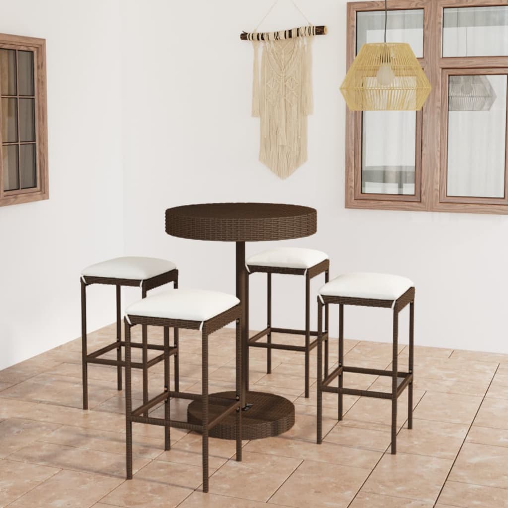 5 Pcs conjunto de bar p/ jardim com almofadões vime PE castanho