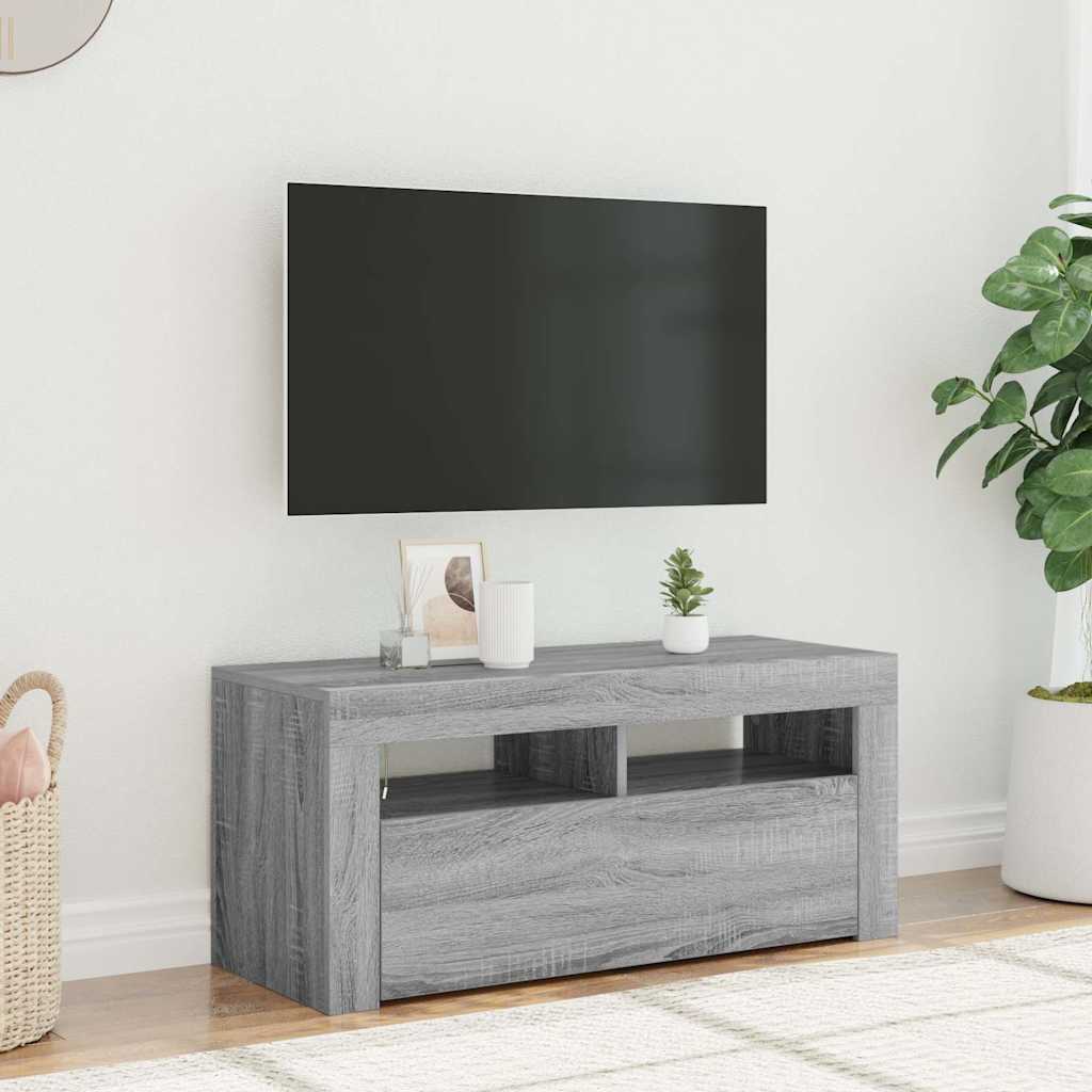 Móvel de TV com luzes LED 90x35x40 cm cinzento sonoma