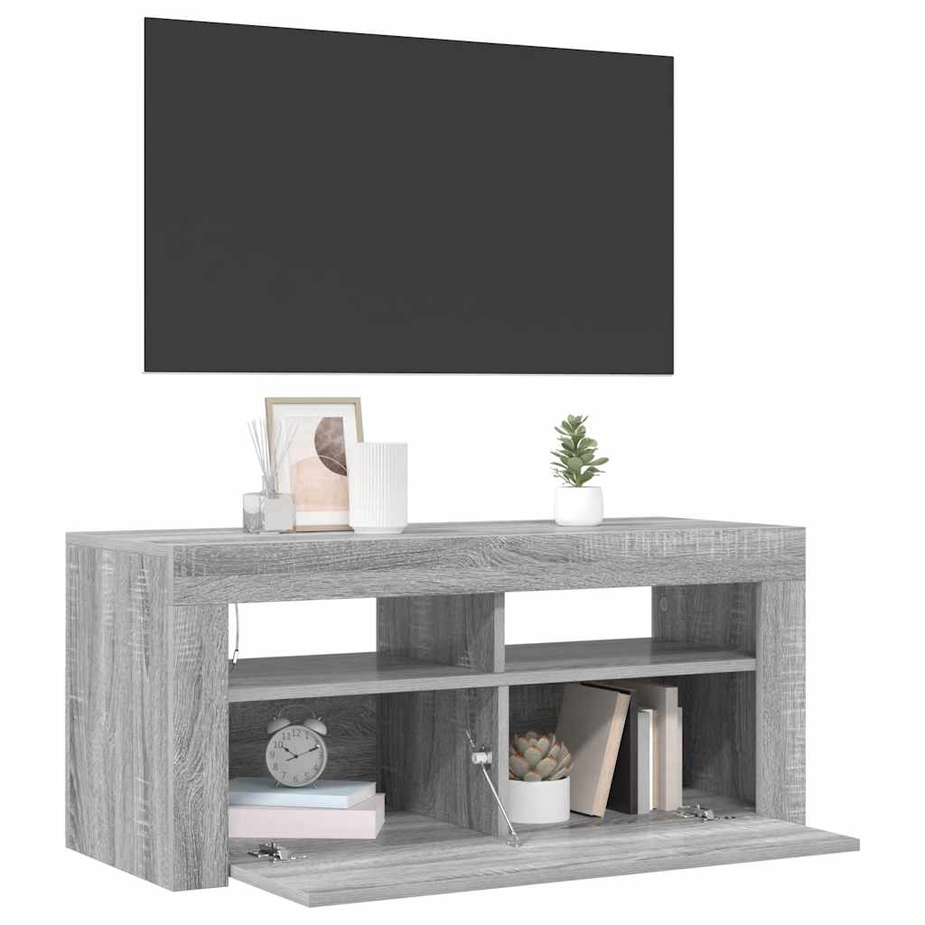 Móvel de TV com luzes LED 90x35x40 cm cinzento sonoma