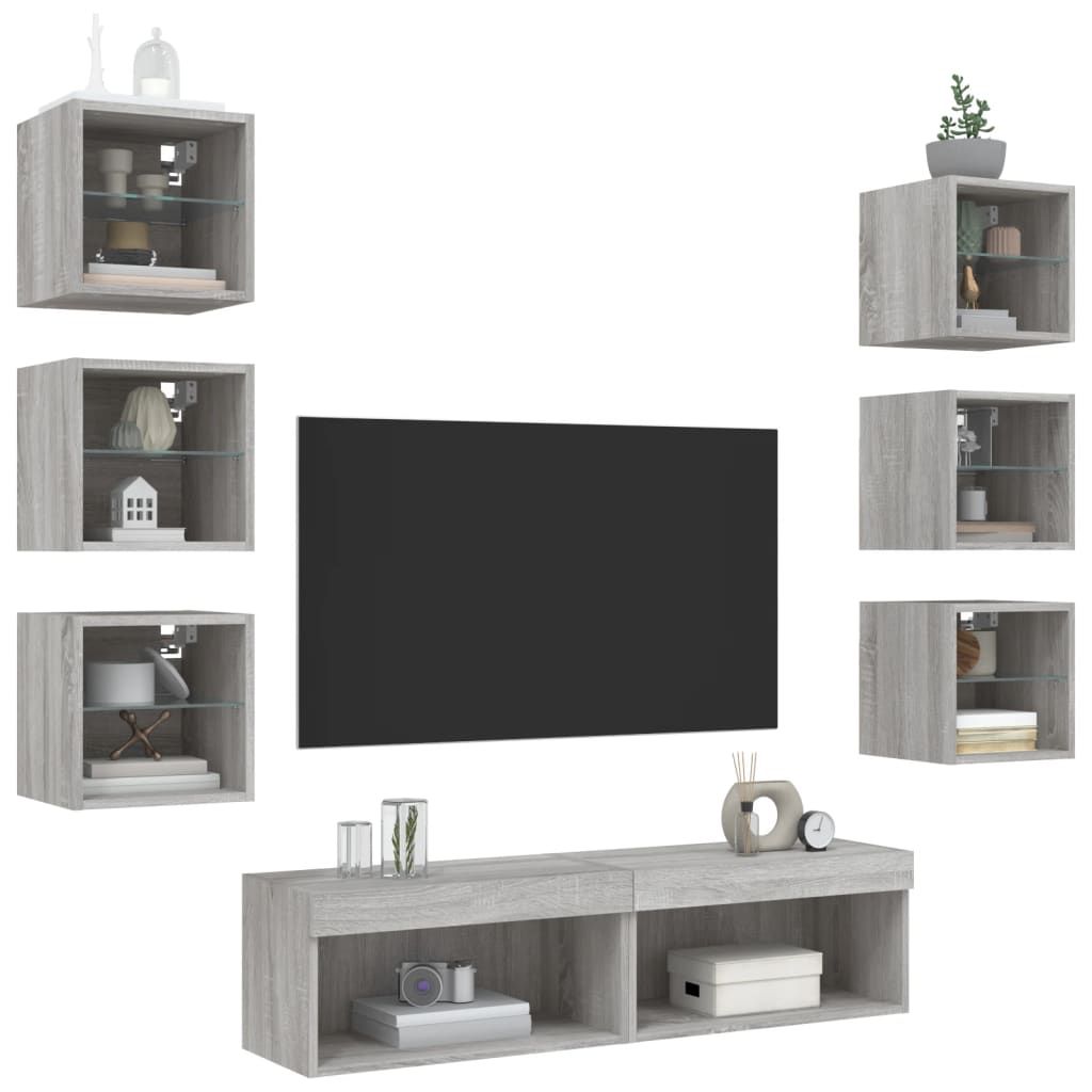 8 Pcs móveis parede p/ TV c/ leds deriv. madeira cinza sonoma